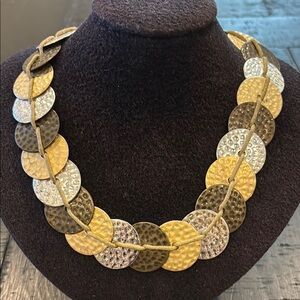 Hammered Bronze Gold Silver Tone Round Disc Rope Brutalist Style Choker Necklace